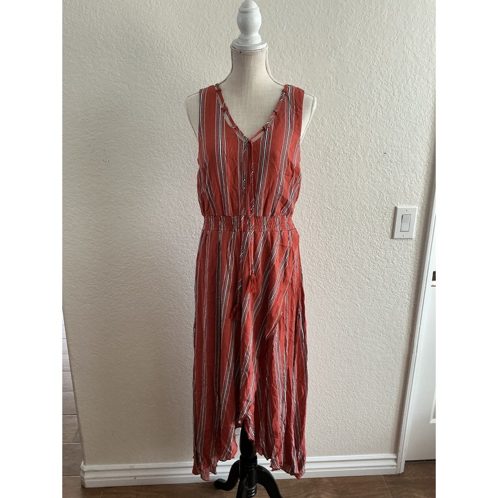 Truly Me TMJ Maxi Dress Medium Rust Orange Striped High Low Boho Tassel V-Neck